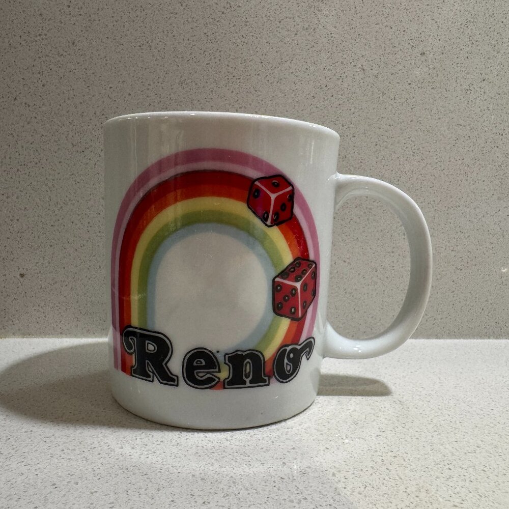 Vintage Reno Nevada Souvenir Mug: Rainbow Dice Ceramic Coffee Cup
